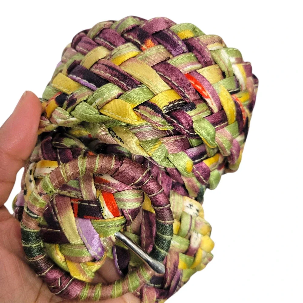 Rainbow Braided Belt Yellow Purple Silky Fabric Woven Large Circle Buckle Large